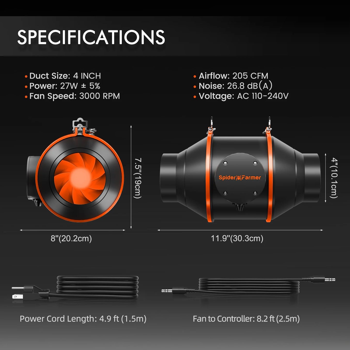 Spider Farmer 4Zoll- 10cm Smart Controller Inline Lüfter Kit 205CFM- 348m³/h mit Abluftschlauch+ Aktivkohlefilter Kombo