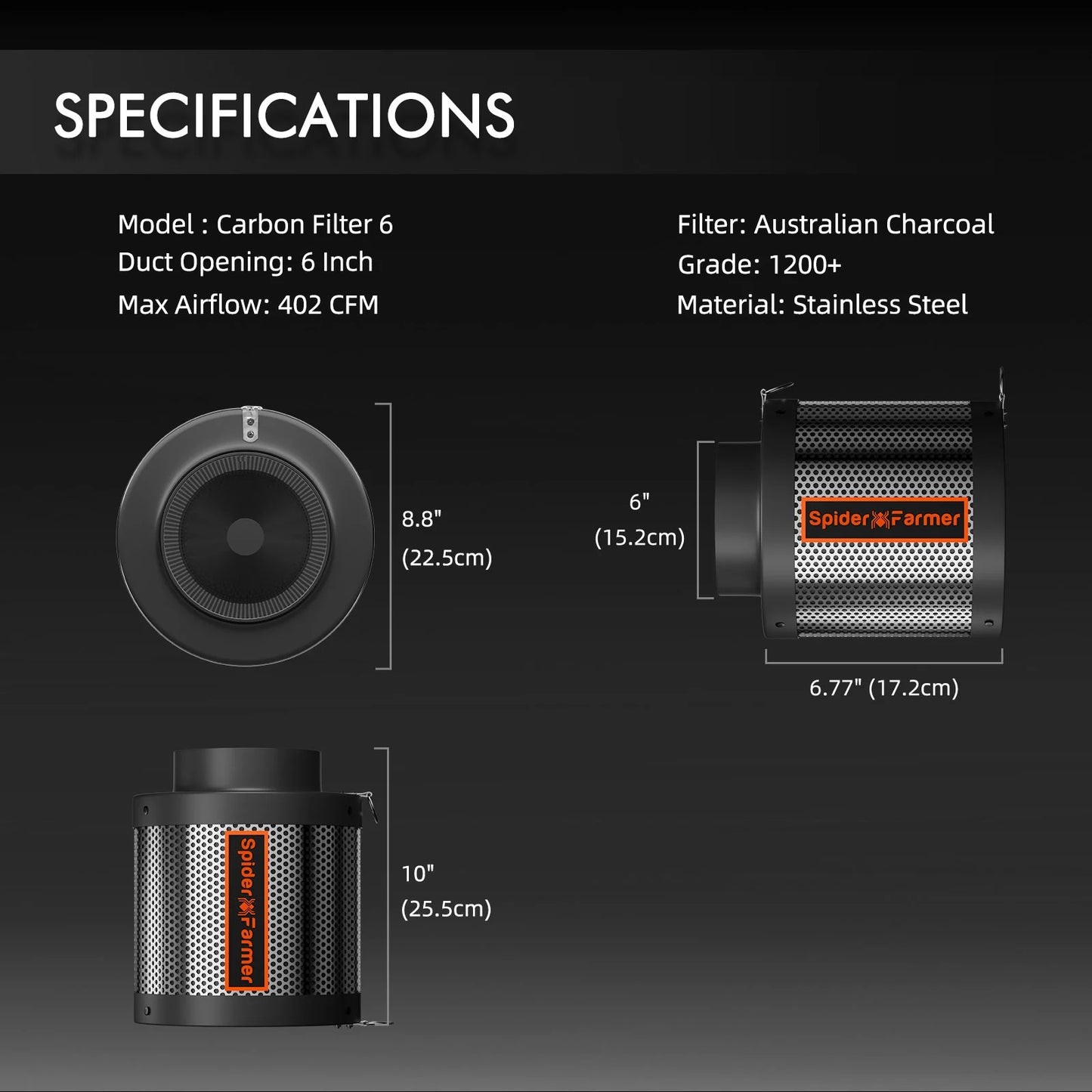 Spider Farmer 6Zoll- 15cm Smart Controller Inline Lüfter Kit 402CFM- 683m³/h mit Abluftschlauch+ Aktivkohlefilter Kombo