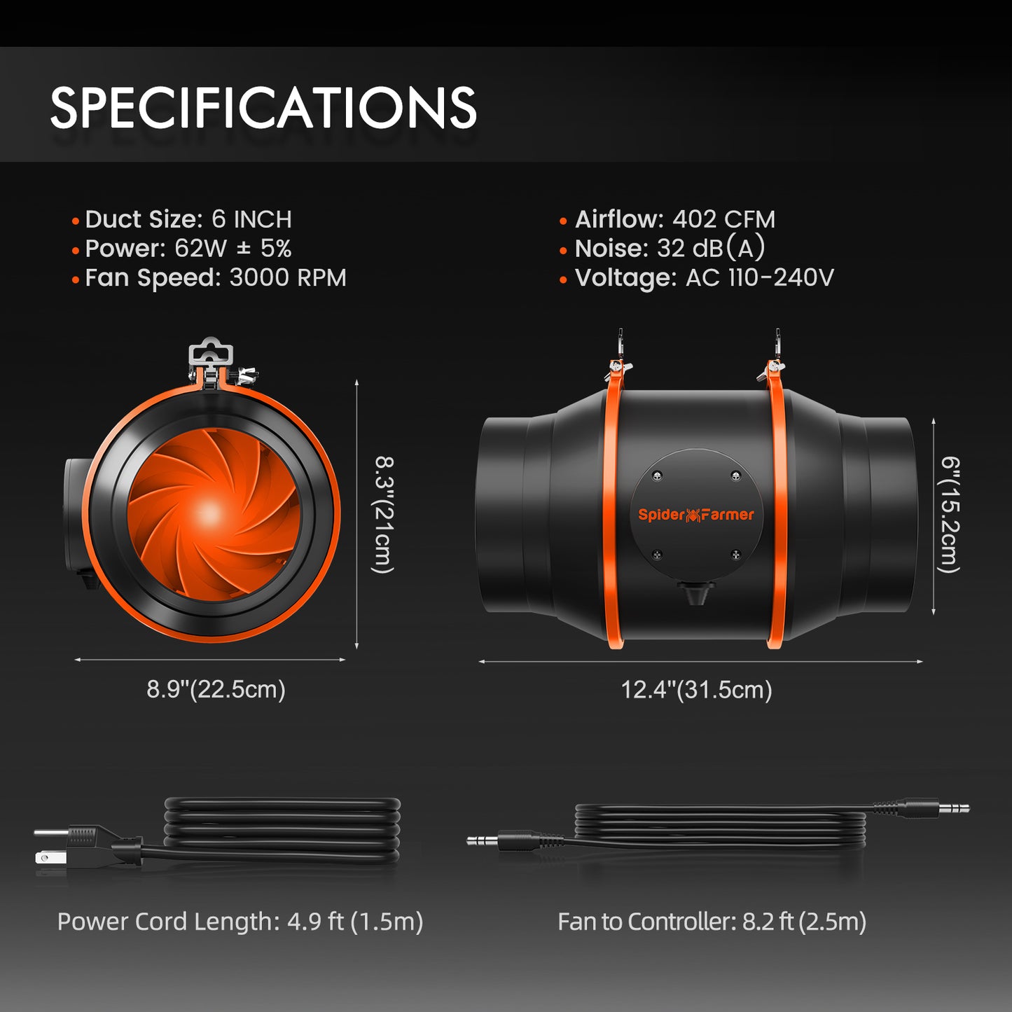 Spider Farmer 120x120x200cm Komplettes Grow Kit SF4000 Samsung LM301H EVO 450W LED Grow Lampe + 15cm Clip Ventilator + 15cm Belüftungssystem mit Geschwindigkeitsregler